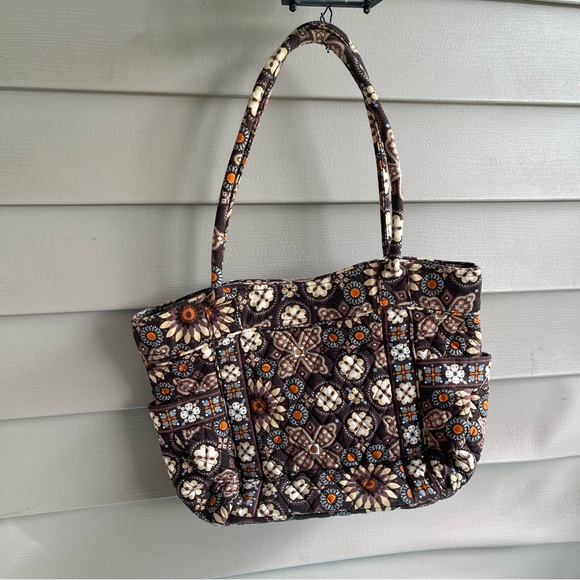 Vera Bradley Large Handbag Tote Shoulder Bag Floral Orange Brown Daisey - Picture 2 of 8